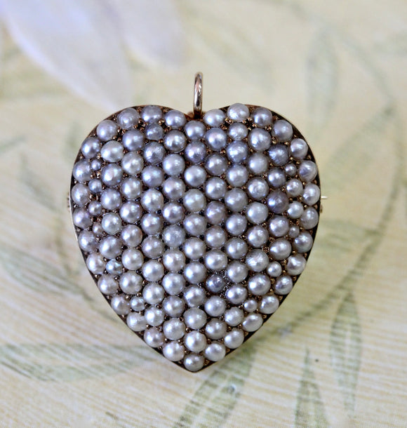 Natural Seed Pearl Heart Pendant & Pin ~ Circa 1890