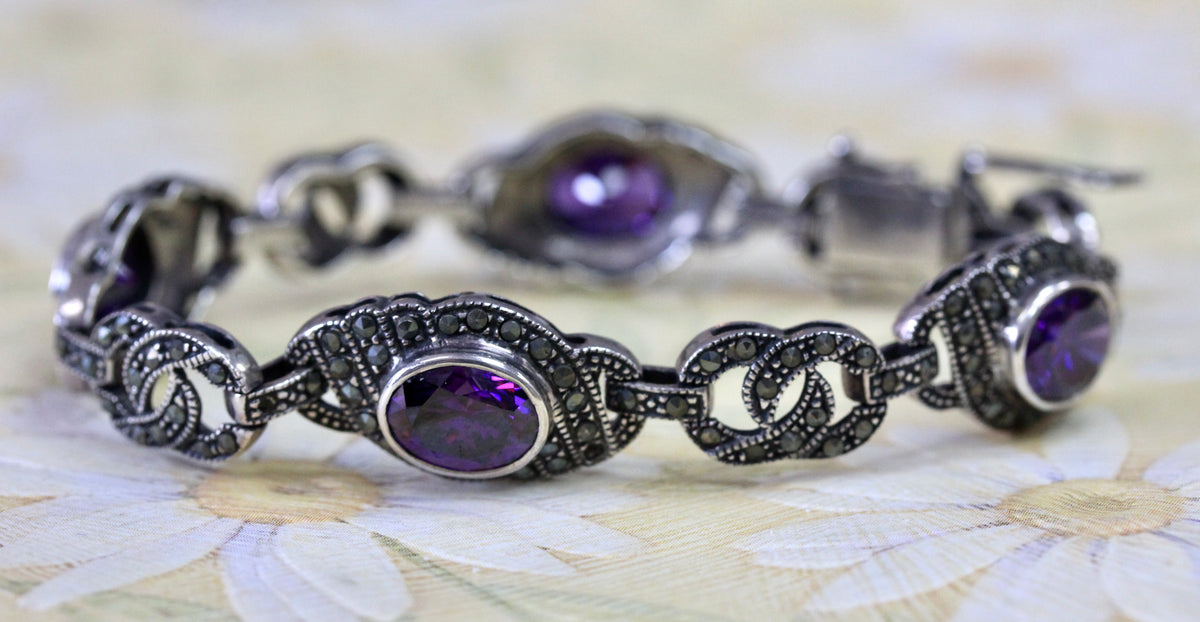 Beautiful Vintage Silver and offers Amethyst Tennis Bracelet with Marcasite