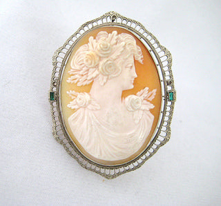 Large Cameo Pin of Woman with Three Roses in Her Hair