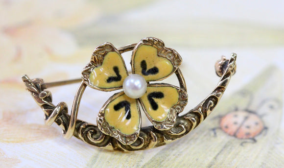 Crescent Shape with Enamel Yellow Pansy and Pearl Center Pin ~ VINTAGE