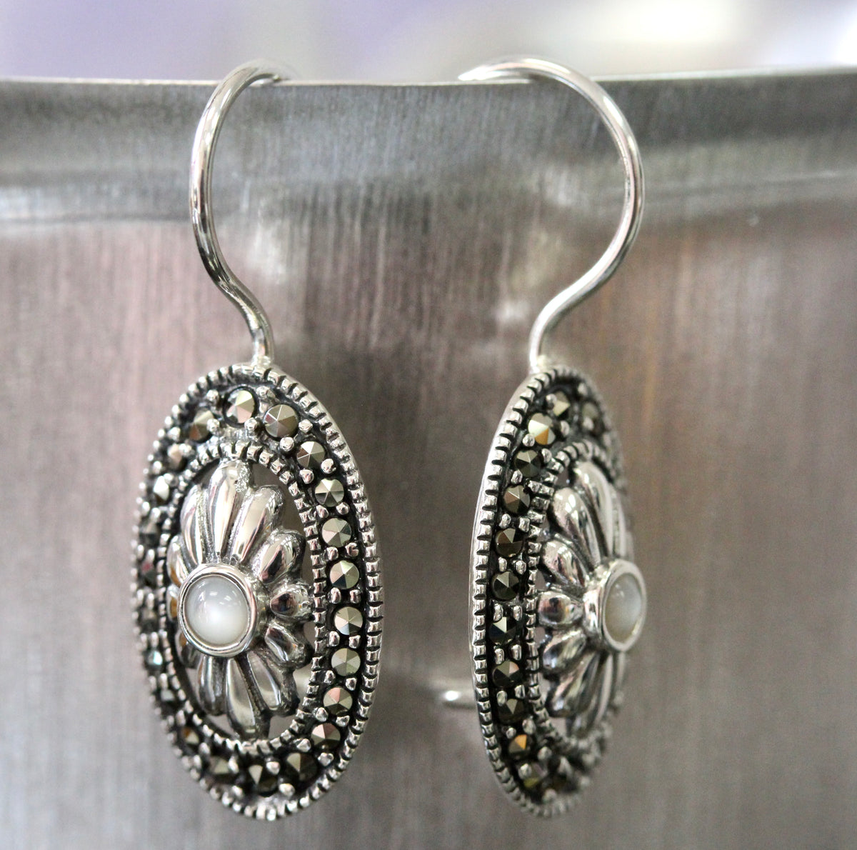 Marcasite earrings. Grey earrings. Black earrings. Long earrings drop buying earrings