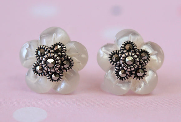 Sterling Silver, Mother of Pearl & Marcasite Earrings