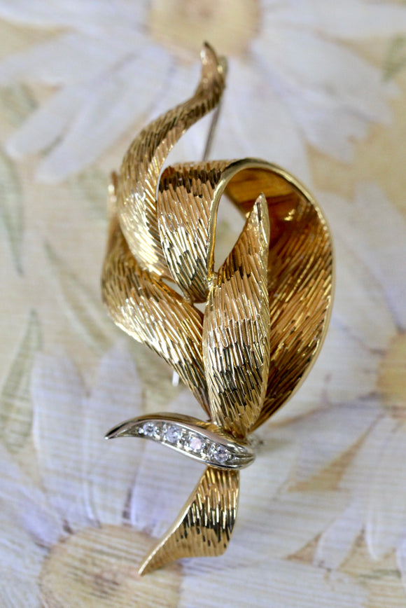 Textured Gold Pin with Diamonds ~ ESTATE