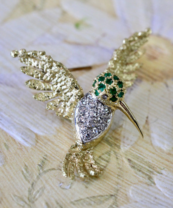 Emerald & Diamond Hummingbird Pin