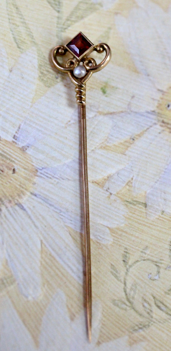 Garnet & Pearl Stick Pin ~ VINTAGE