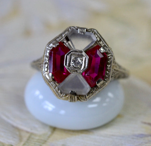 Etched Crystal & Synthetic Ruby Ring ~ Circa 1920's