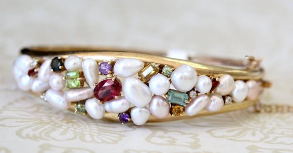 Pearl & Genuine Stone Bangle Bracelet