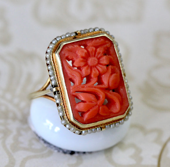 Coral & Seed Pearl Ring ~ ANTIQUE