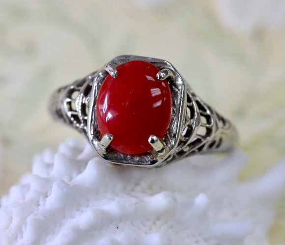 Coral Ring with a filigree setting ~ VINTAGE