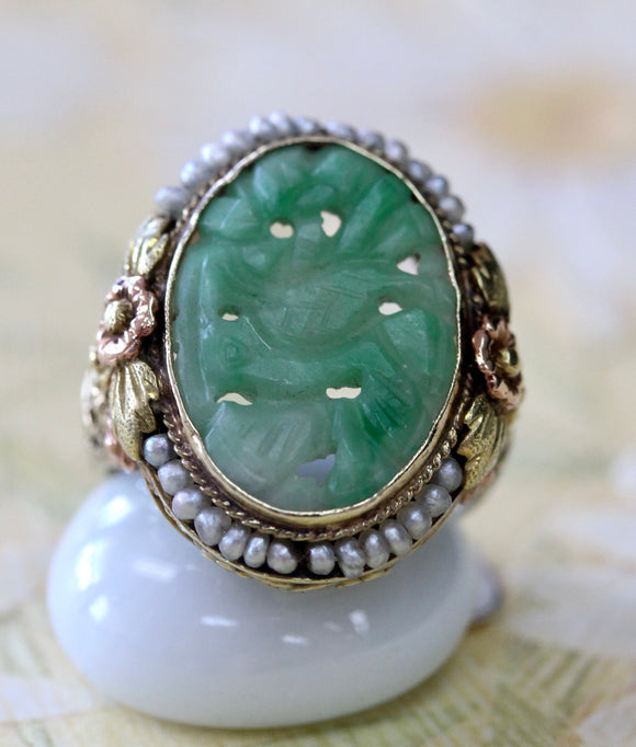 Jade & Seed Pearl Ring ~ VINTAGE