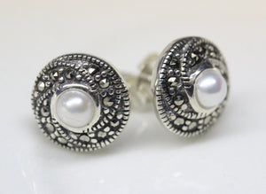 Sterling Silver, Marcasite & Pearl Earrings