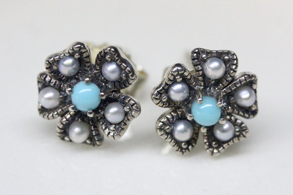 Sterling Silver, Turquoise & Pearl Stud Earrings
