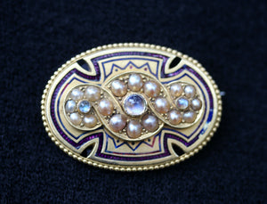 Moonstone & Pearl Enamel and Gold Pin/Locket ~ Circa 1880