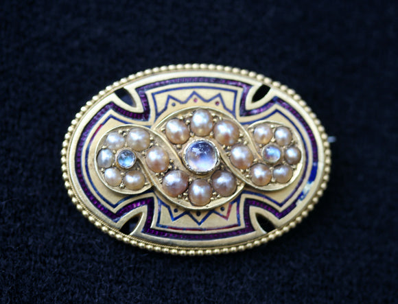 Moonstone & Pearl Enamel and Gold Pin/Locket ~ Circa 1880