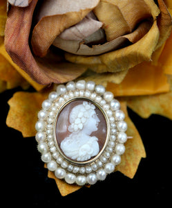 Shell Cameo with Frame of Natural Pearls ~ VINTAGE