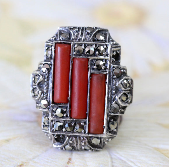 Sterling Silver, Marcasite & Coral Ring