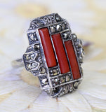 Sterling Silver, Marcasite & Coral Ring