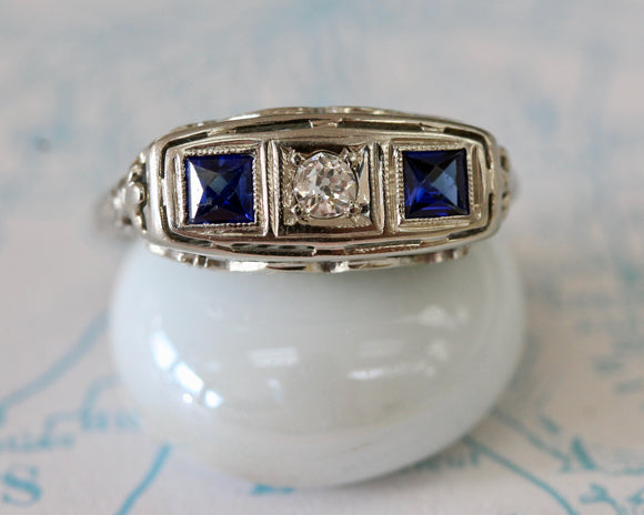 VINTAGE ~ Diamond Ring with colorful blue stones