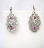 Filigree with Diamond and Red Stone Drop Earrings
