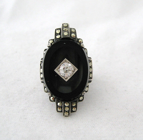 Art Deco Ring with Onyx, Sterling, and Marcasite