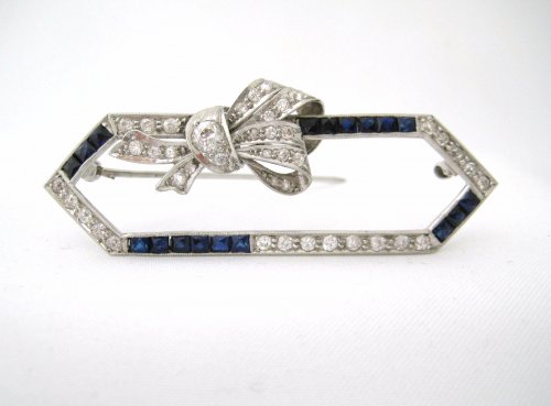 Vintage Alternating Rows of Diamond and Synthetic Sapphire Open Pin with Diamond Encrusted Bow