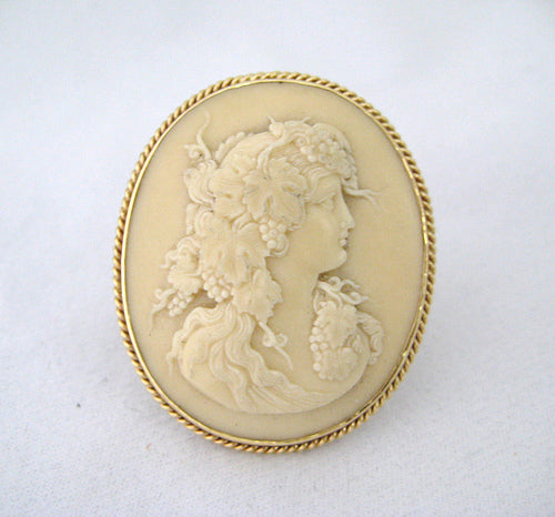 Lava Cameo Pin of Woman with Grape Vines
