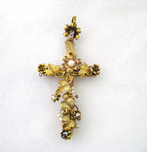 Victorian Gold with Natural Pearls Cross Pendant
