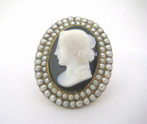Victorian Stone Cameo Framed in Pearls
