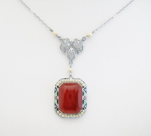 Vintage Carnelian Surrounded by Seed Pearls and Enamel