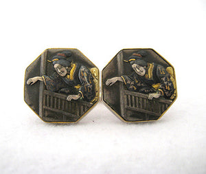 Vintage Shakudo and Sterling Cufflinks with Asian Scene