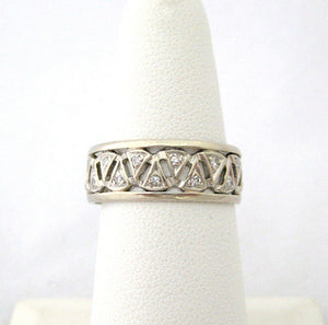 Wide Diamond and White Gold Band with Triangular Design