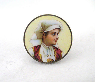 Antique Round Enamel Pin with Woman Wearing European Folk Costume
