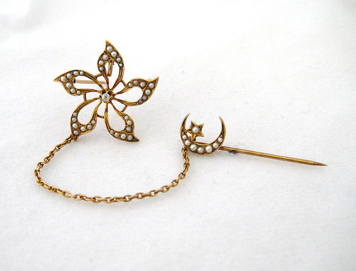 Floral Pin with Diamond Center and Pearl Detail