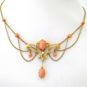 Art Nouveau Coral and Diamond Swag Necklace