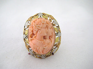 Arts & Crafts Coral Cameo Pin with Grape and Leaf Motif