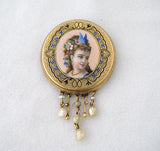 Antique Enamel Pin with Portrait of Woman