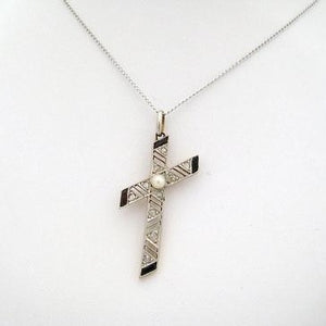 Onyx, Pearl, and Marcasite Cross Pendant