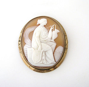 Shell Cameo Pin of Woman Holding Ewer