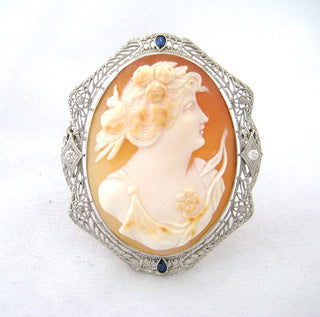 Shell Cameo Pin with Diamond and Blue Stone
