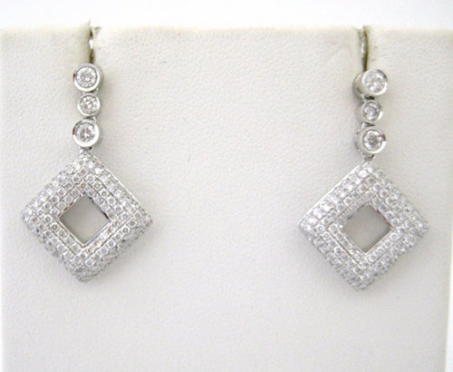 White Diamond Earrings with Bezel Set Diamonds and Pave Diamond Shaped Design Drops