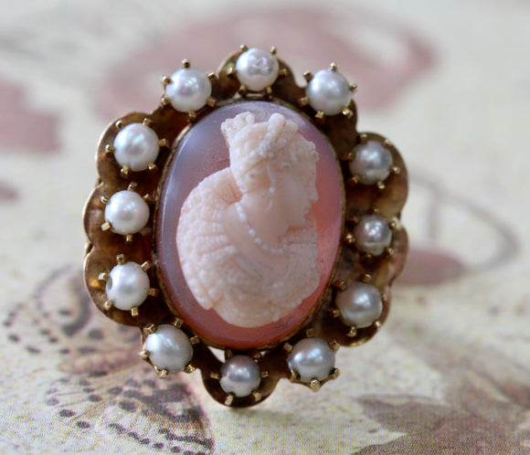 Stone Cameo Surrounded with Pearls and Blue Tracery