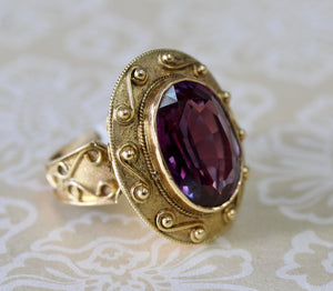 Synthetic Alexandrite Ring in Etruscan Style Motif Setting