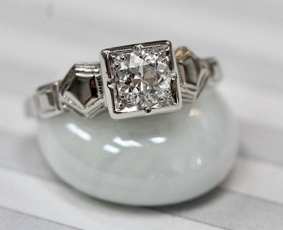 Vintage ~ Mine Cut 1/2 Carat Diamond Solitaire Ring, Circa 1940's