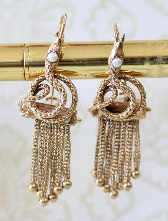 VICTORIAN ~ Snake Motif Earrings with Pearl accents.