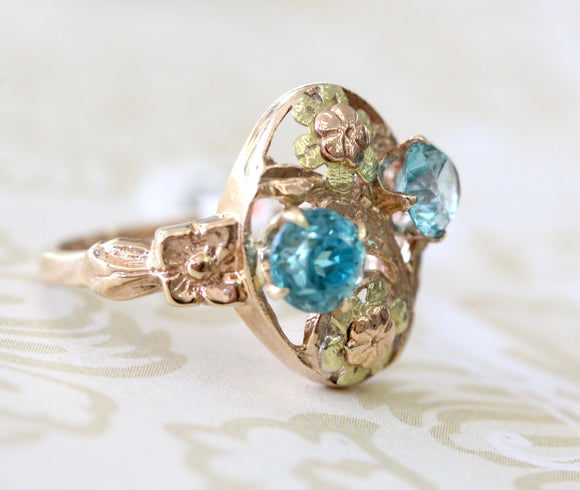 Blue Zircon Ring set in Rose & Green Gold ~ Vintage