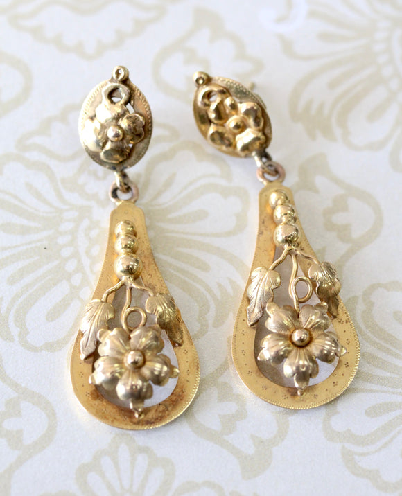 Antique Earrings Late-Victorian Old Euro Diamond Dangles 14K Yellow Gold /  Sterling Silver