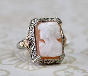 VINTAGE ~ Cameo Ring with Rose & Green Gold Accents