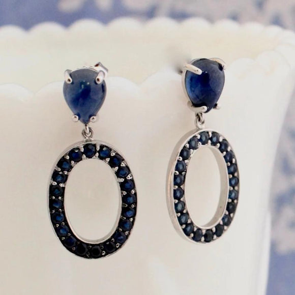 Delightful Pear Shaped Sapphire earrings, Cabochon Sapphire tops & faceted small sapphires, 18K, White Gold