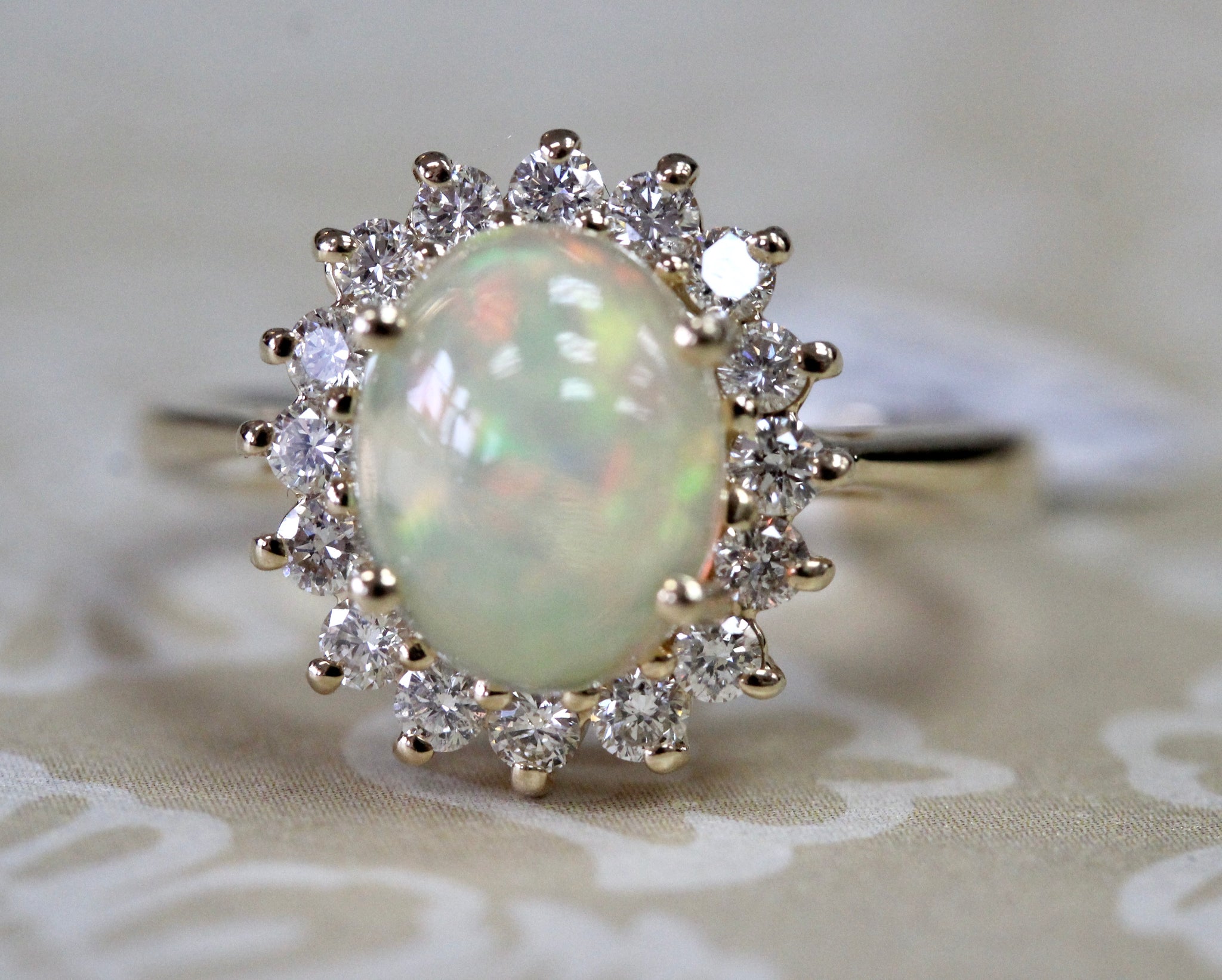White Opal Ring Rose Gold Opal Engagement Ring Diamond Wedding Band  Filigree Milgrain Bridal Jewelry