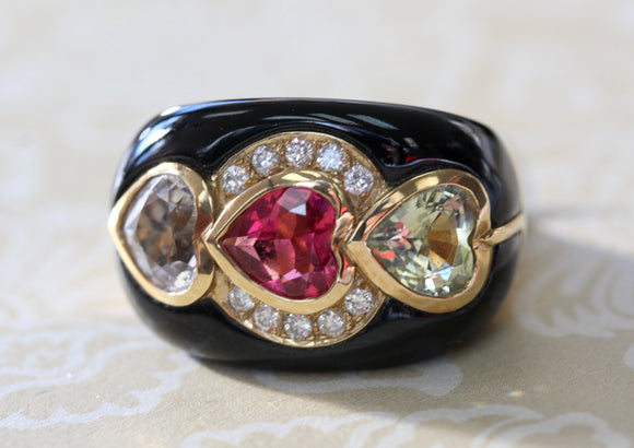 Triple Heart Ring with Pink & Green Sapphires & Diamonds ~ BOLD